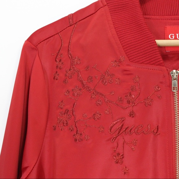 GUESS Cropped Bomber Cherry Blossoms Red Spring Fall Jacket Lightweight Large L - Picture 5 of 11